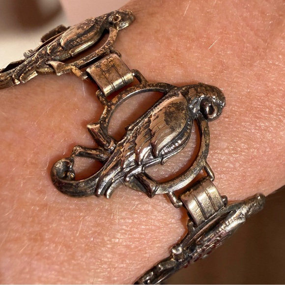 Antique Victorian deco gold vermeil Sterling silver bird parrot wide bracelet - Picture 3 of 17